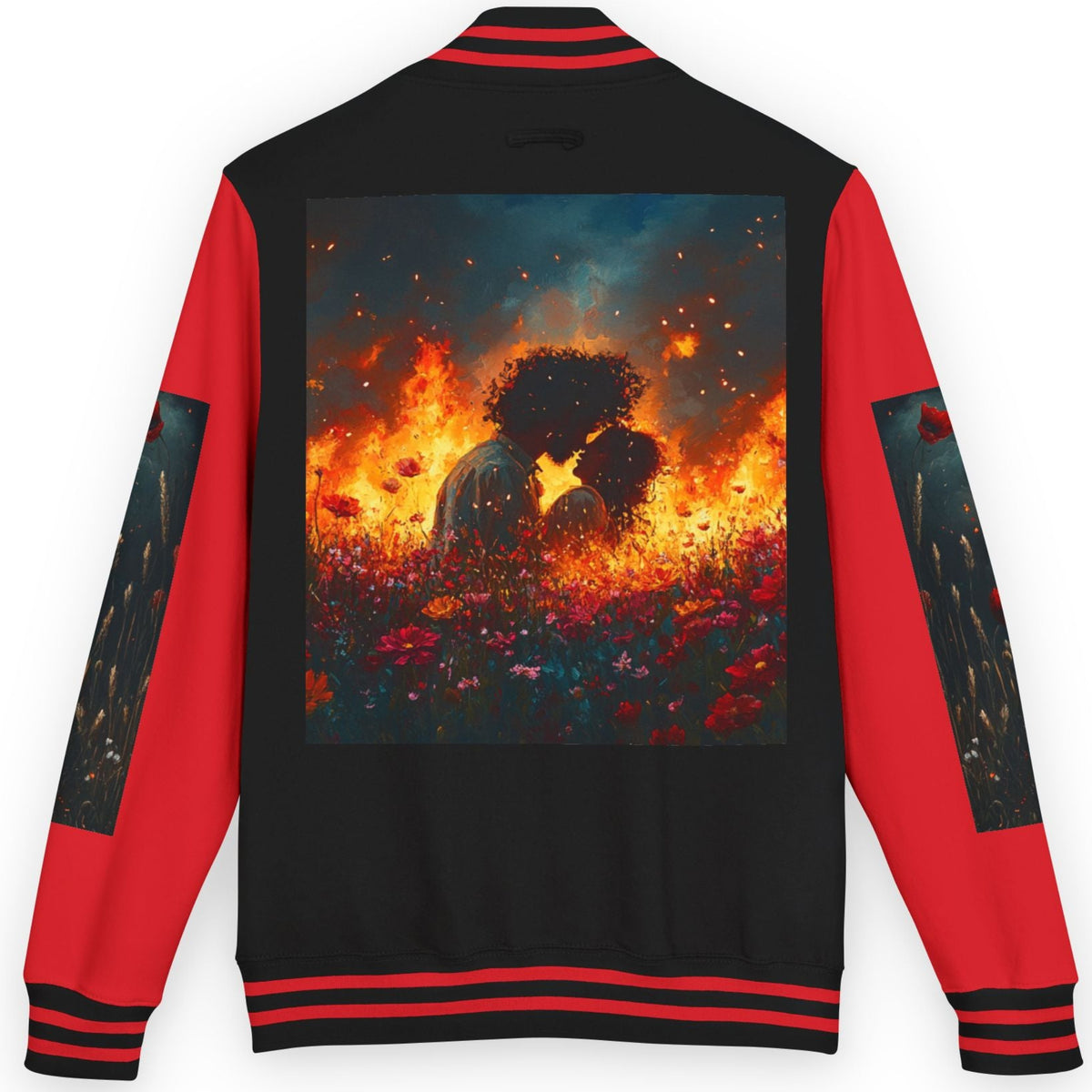 Black and red jacket with a fiery design on the back