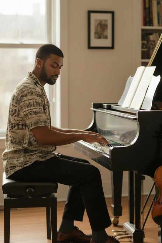 Man playing a piano in a room with a window and books on a shelf.