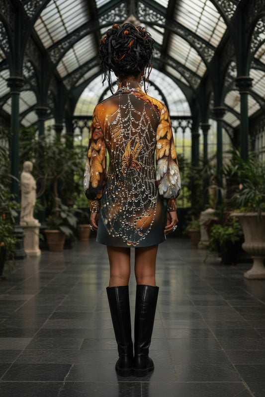 A model viewed from behind wearing a short, long-sleeved dress with a complex abstract pattern in orange, brown, black, and white, paired with black knee-high boots, standing in a grand greenhouse or conservatory.