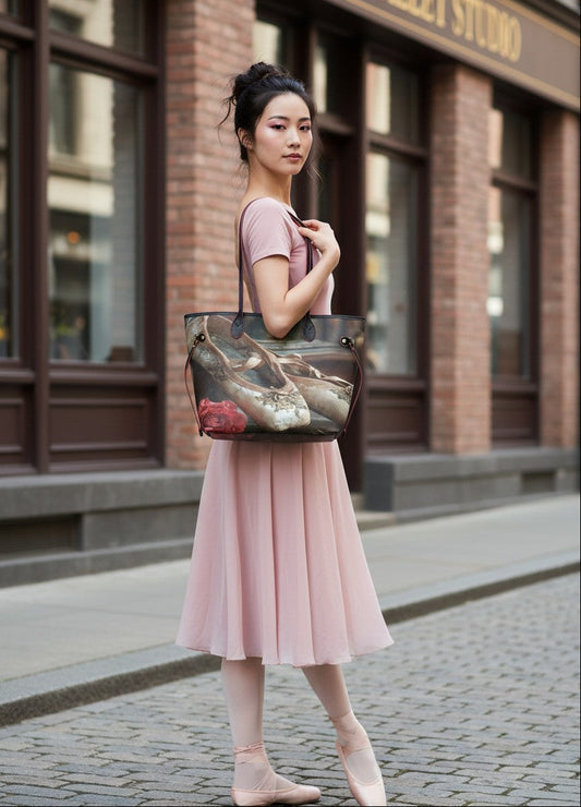 A woman in a pink ballet dress and pointe shoes stands on a cobblestone street in front of a brick building, carrying a large tote bag with a realistic fish print.