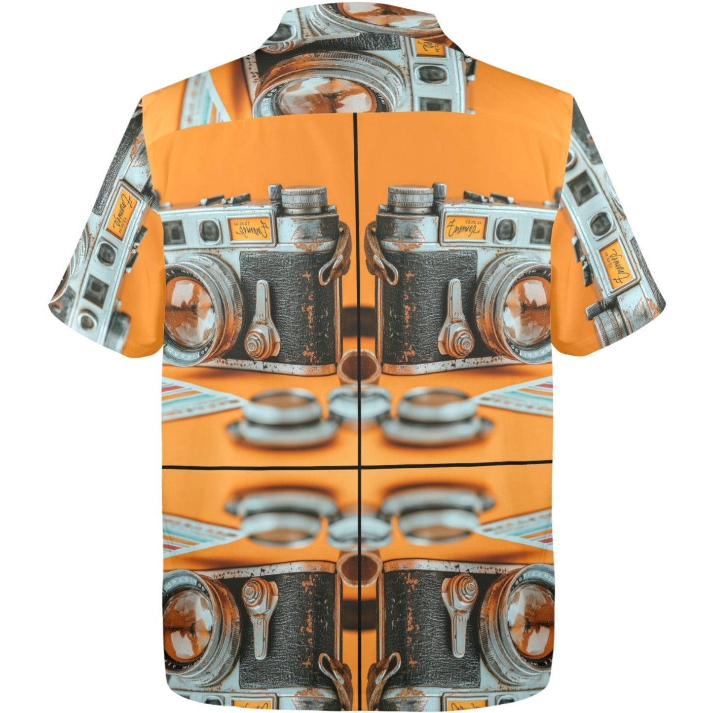 Shirt with vintage camera design on an orange background
