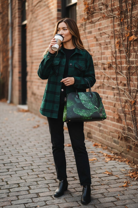A woman stands on a brick sidewalk drinking from a white coffee cup while wearing a dark green plaid flannel shirt jacket, black pants, and black ankle boots. She is carrying a black tote bag with a green glittery leaf pattern.