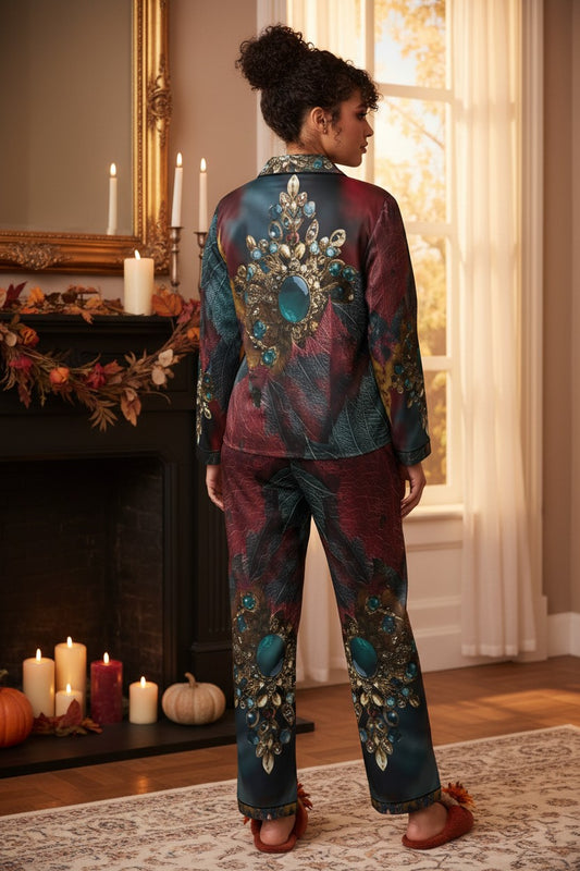 A woman stands with her back to the camera wearing a matching two-piece pajama set with a dark teal and burgundy abstract pattern and large ornate jewel motifs. She is photographed in a warm, decorated room with a fireplace, candles, and a window.
