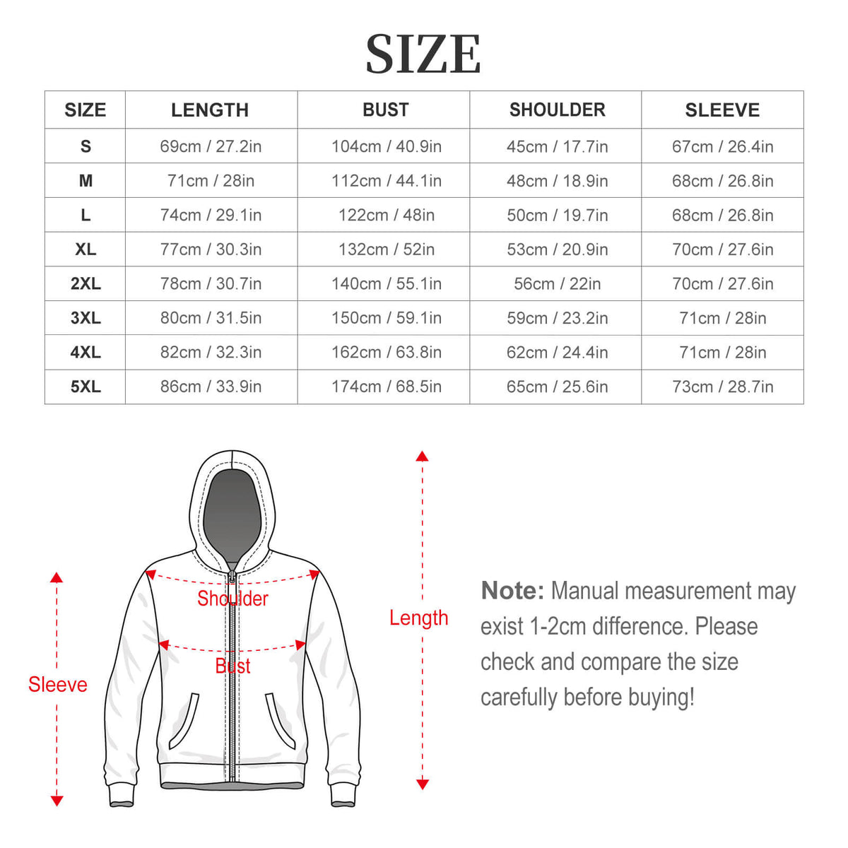 Size chart for a hoodie with measurements in centimeters and inches, and an illustration of a hoodie with labeled parts.