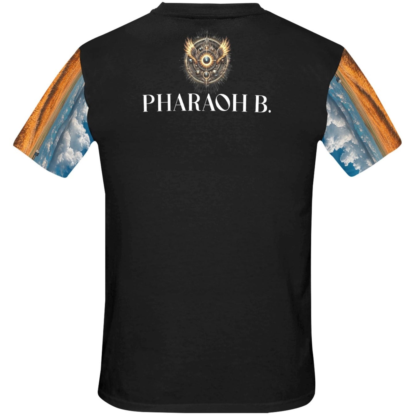 Black t-shirt with 'Pharaoh B.' branding on a white background