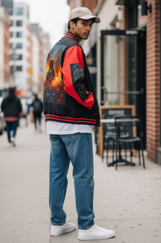 A man stands on a city sidewalk wearing a black and red varsity-style jacket with a fiery graphic print on the back, blue jeans, white sneakers, and a beige cap.