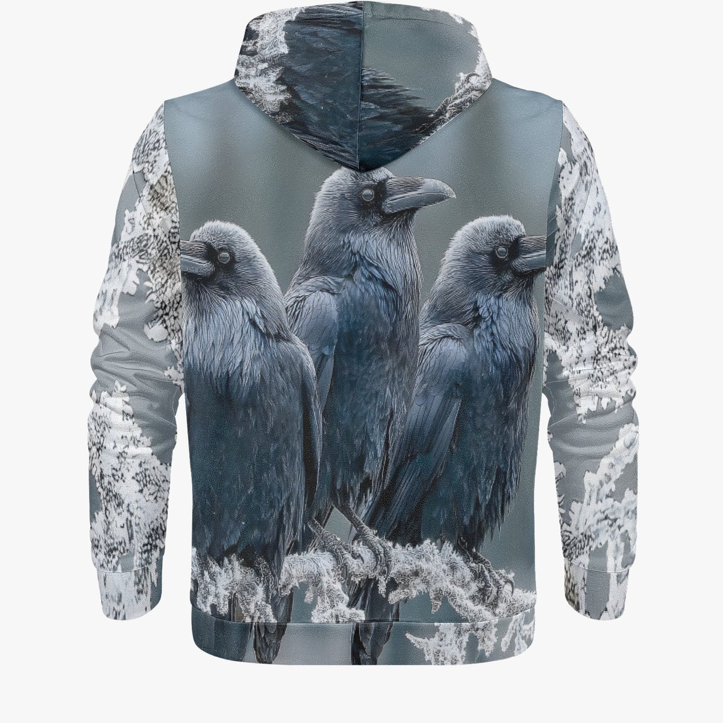 A long-sleeve hoodie shown from the back, featuring an all-over print of three dark blue-gray crows perched on snowy branches against a muted gray and blue winter background.