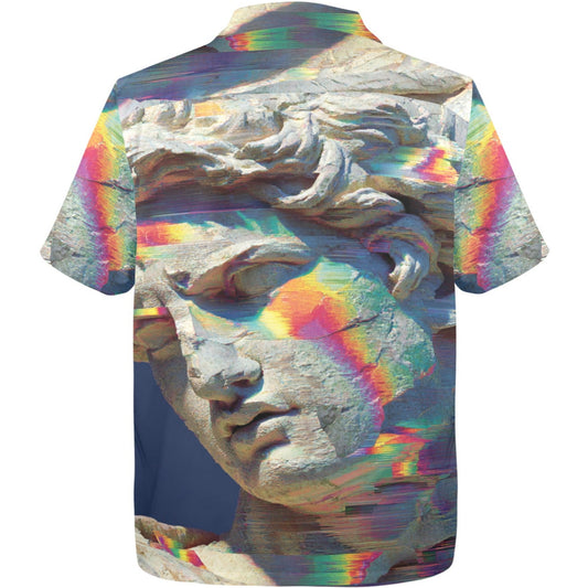 Short-sleeve shirt with a stone statue design and rainbow patterns on a white background