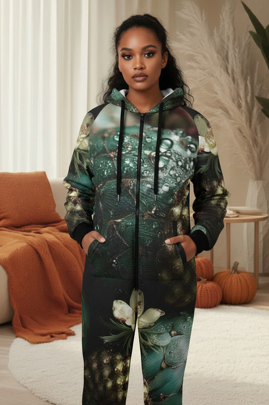 A woman modeling a full-zip hooded sweatshirt and matching sweatpants set with an all-over dark green and black botanical print featuring water droplets and white flowers, posed in a cozy indoor room setting with pumpkins and a bed in the background.
