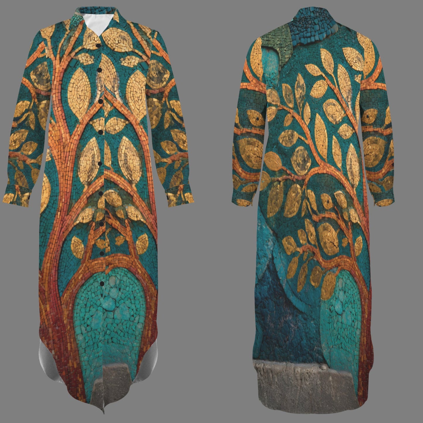 A long-sleeve tunic dress shown from the front and back, featuring a detailed tree of life pattern in teal, gold, and rust orange on a solid gray background.