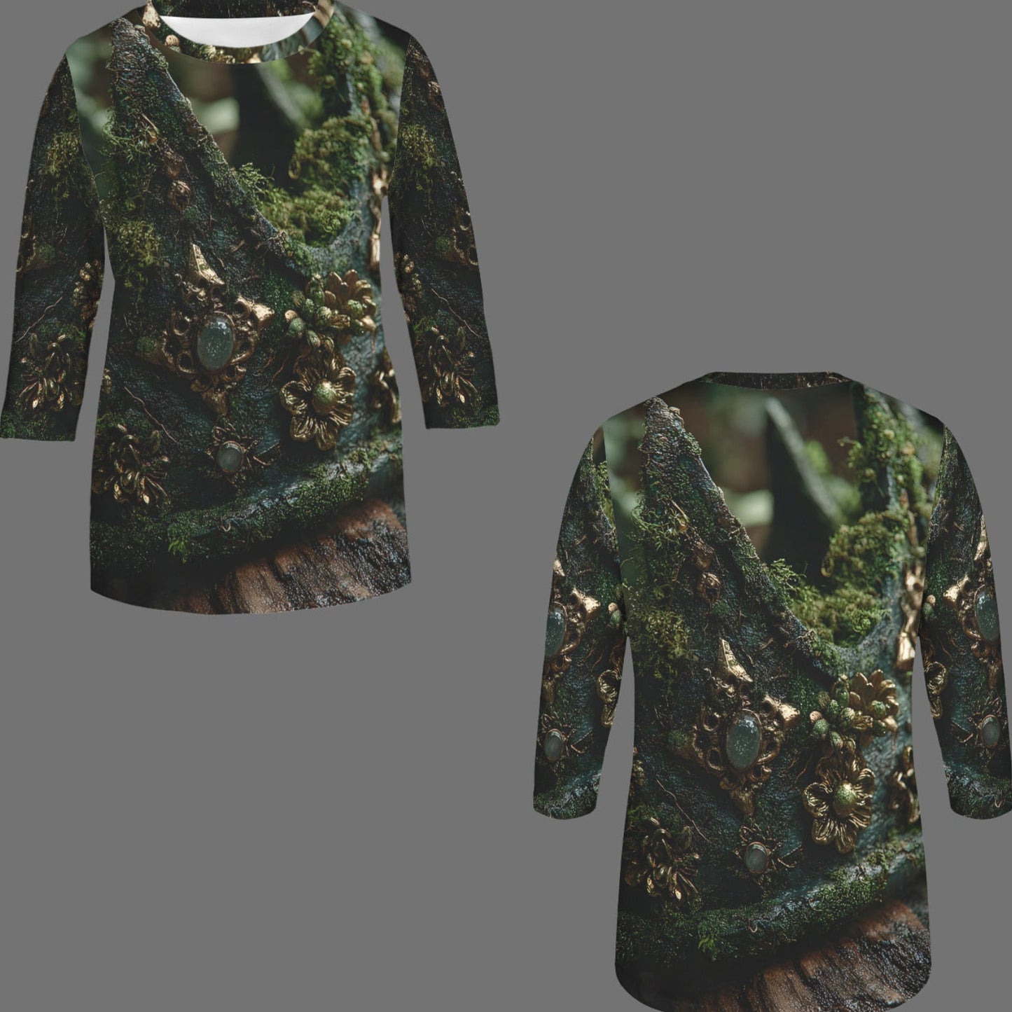 Front and back views of a long-sleeve tunic top featuring an all-over print of mossy green branches and gold floral details on a dark background, displayed against a solid gray backdrop.