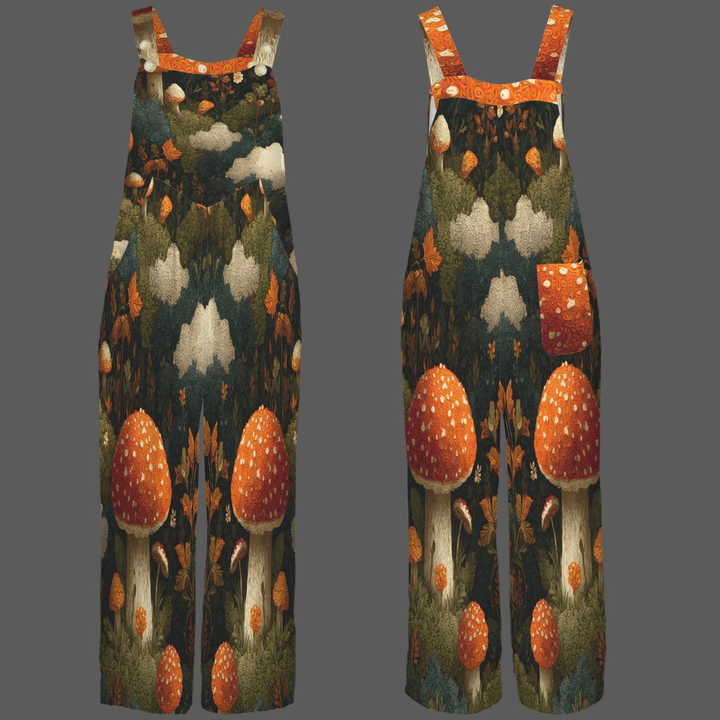 A pair of wide-leg overall jumpsuits shown from the front and back, featuring a dark forest and mushroom print with orange, white, and green tones, set against a solid dark gray background.