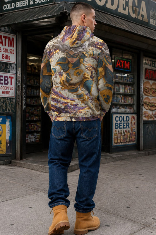 A man stands on a city sidewalk in front of a grocery store, viewed from behind. He is wearing a hooded jacket with a highly detailed, colorful graphic print featuring a cowboy and western motifs, paired with blue jeans and tan boots.