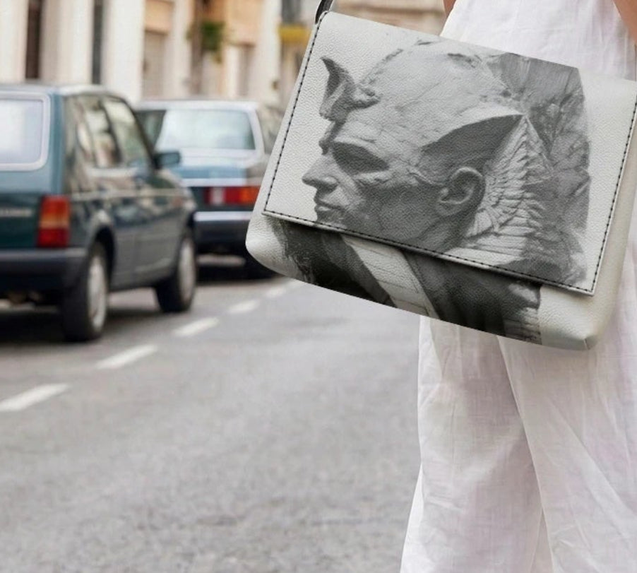 A woman in a white linen outfit stands on a city street carrying a large black-and-white abstract print shoulder bag with a black strap.