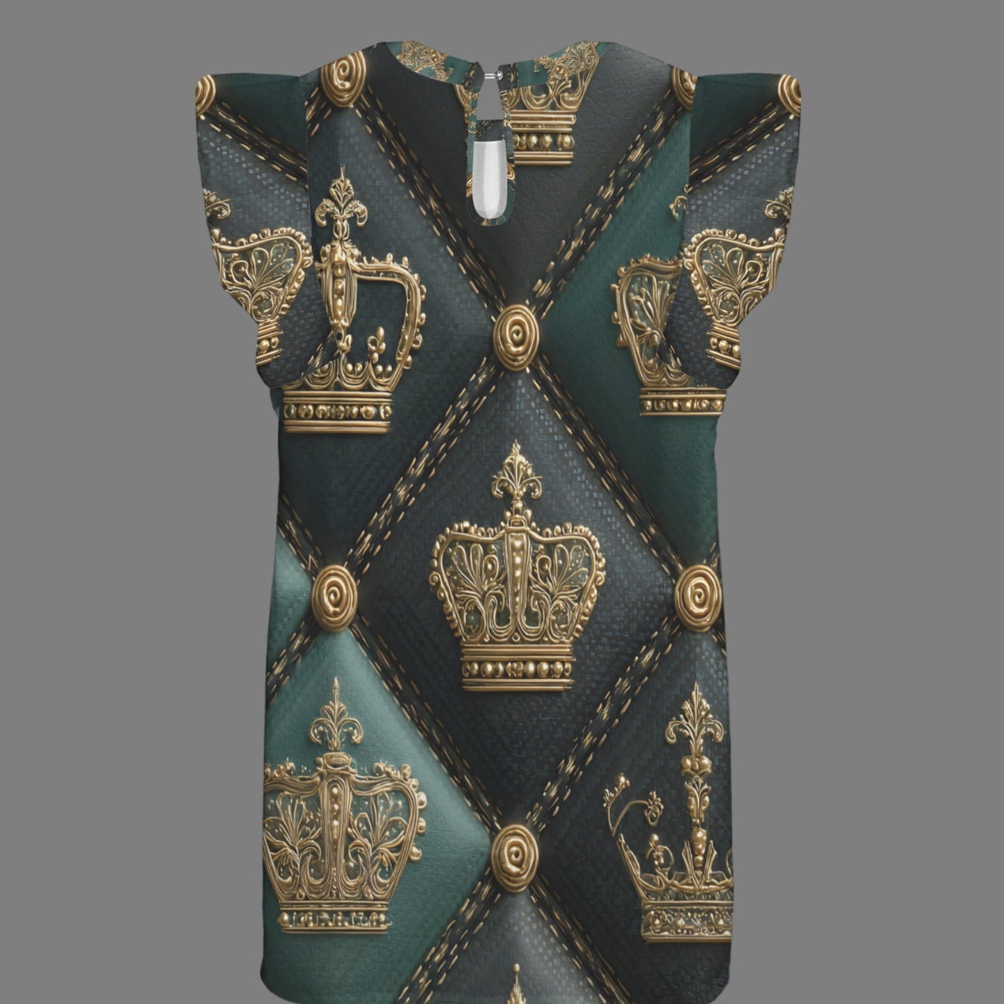 A sleeveless top with a diamond quilted pattern in dark teal and black, decorated with gold crowns and metallic gold button details, shown on a solid gray background.