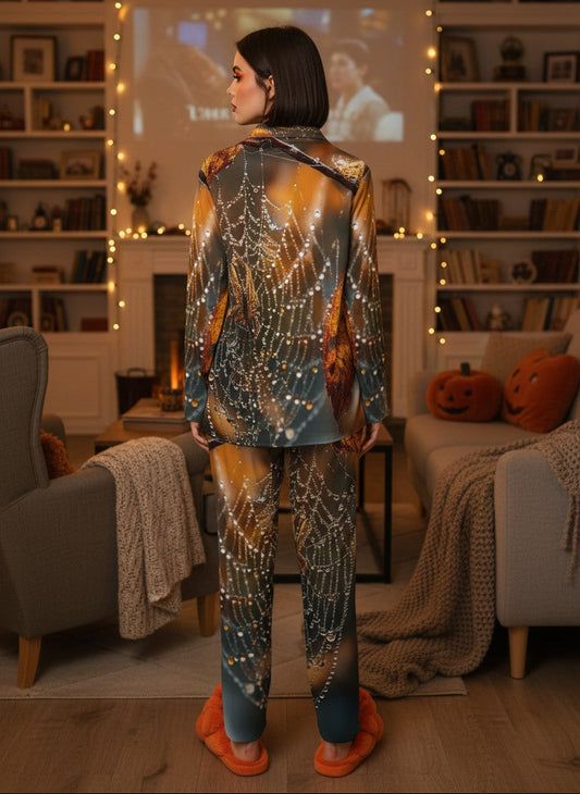 A person stands with their back to the camera in a cozy, warmly lit living room, wearing a matching two-piece pajama set with a spiderweb pattern in blue, orange, and gold tones. The room features bookshelves, a fireplace with string lights, and a projection screen in the background.