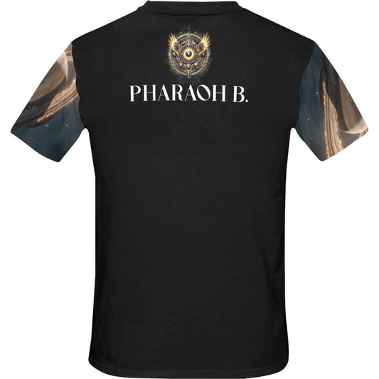 Black t-shirt with 'PHARAOH B.' text and logo on a white background