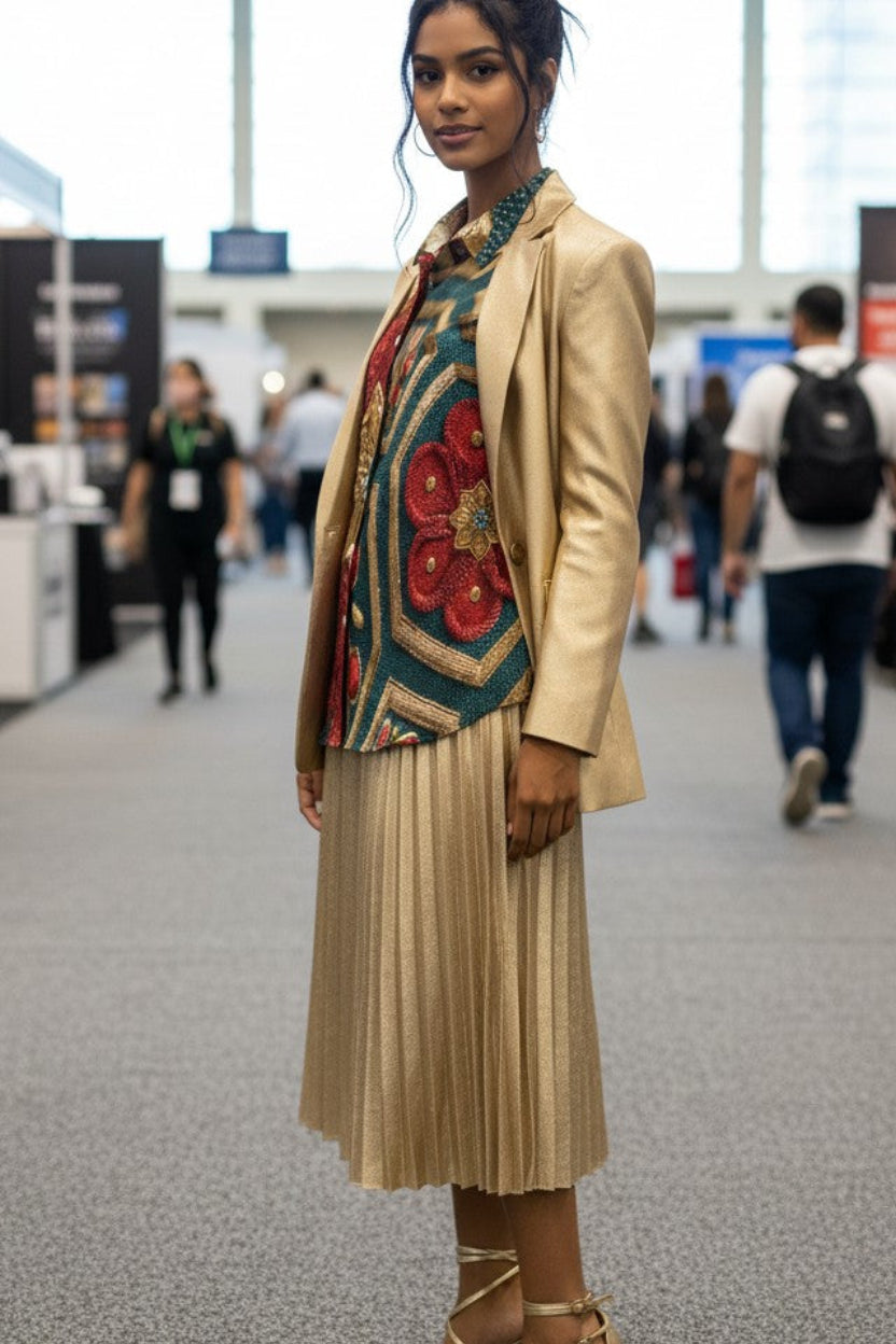 Lady at a conference wearing a gold skirt suit and flower geometrical top