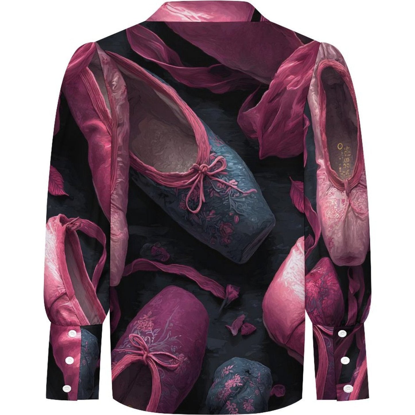 A long-sleeve button-up shirt with a dark, artistic print of ballet flats and pink fabric folds on a black background, shown against a plain white backdrop.