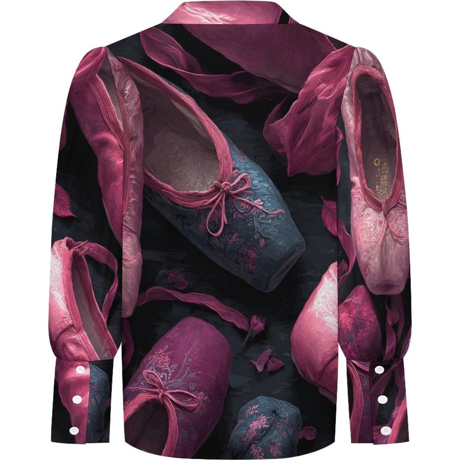 A long-sleeve button-up shirt with a dark, artistic print of ballet flats and pink fabric folds on a black background, shown against a plain white backdrop.