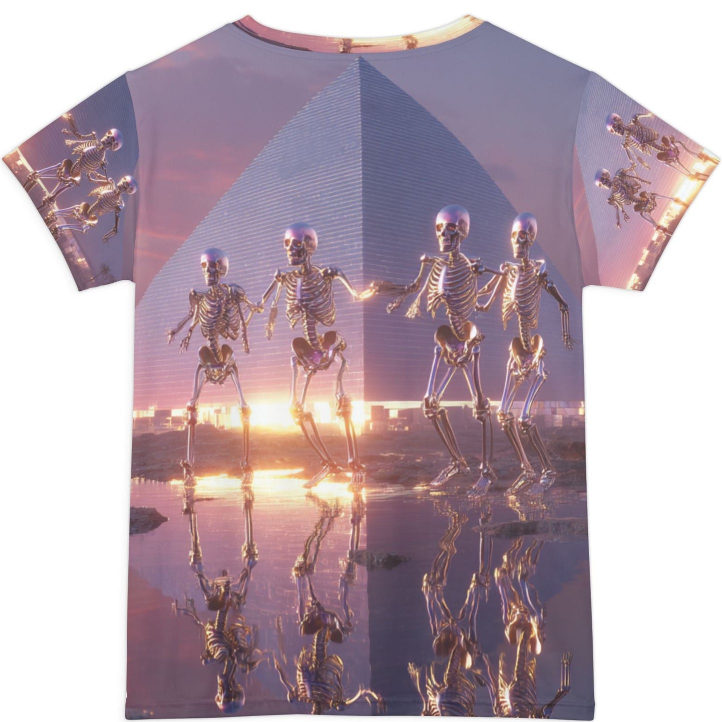 T-shirt with skeleton design and sunset reflection on water background