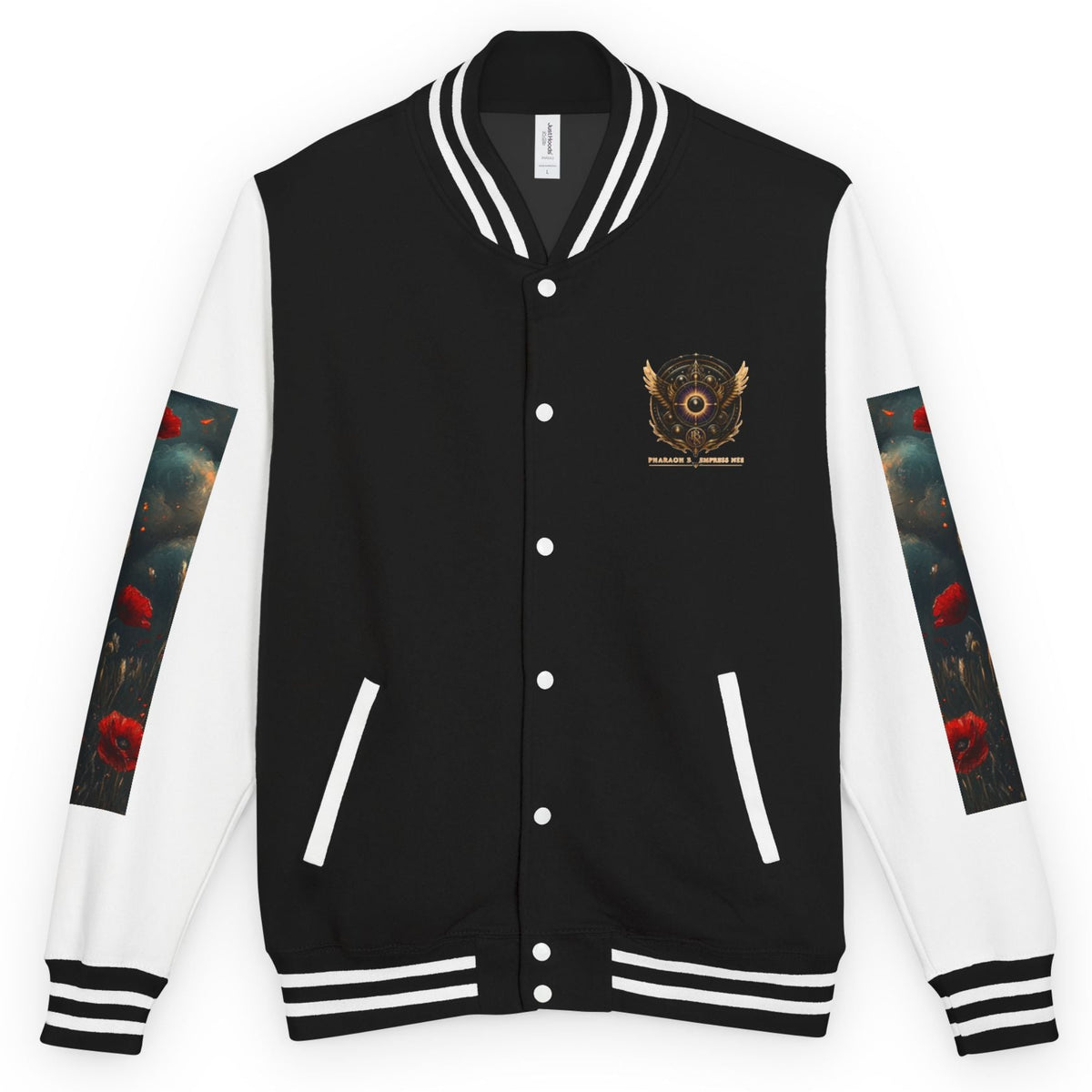 A varsity-style jacket with a black body and white sleeves, featuring a small gold and red crest on the left chest, white stripes on the collar, cuffs, and hem, and red floral prints on the sleeves.