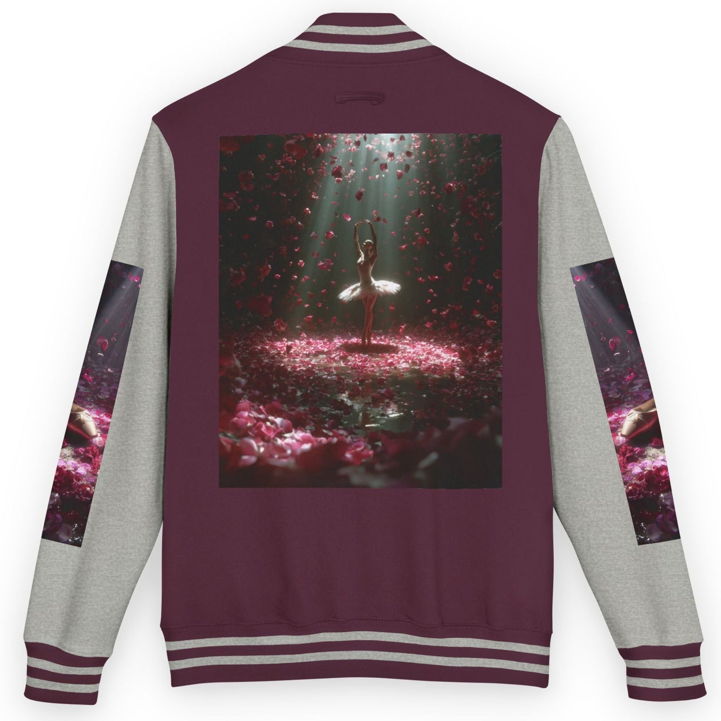 A maroon and heather gray varsity jacket shown from the back, featuring a large graphic print of a ballerina surrounded by falling pink petals on the back panel, with matching sleeve prints and striped ribbed collar, cuffs, and hem.