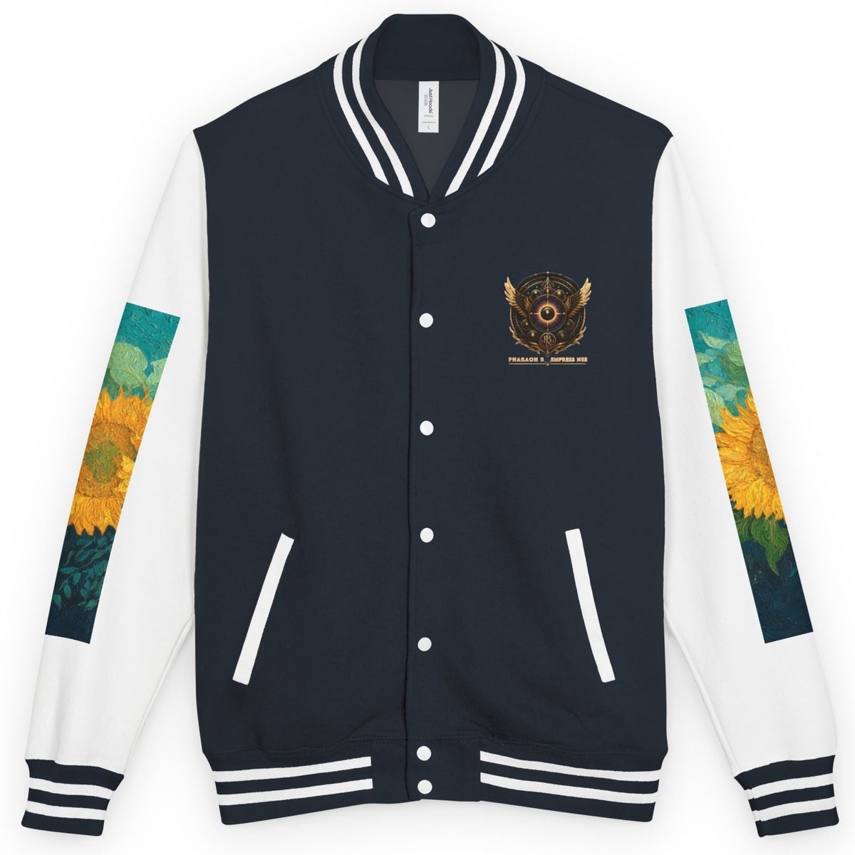 A varsity-style jacket with a navy blue body, white sleeves, and colorful sunflower and landscape sleeve prints. It features a gold and black crest on the left chest.