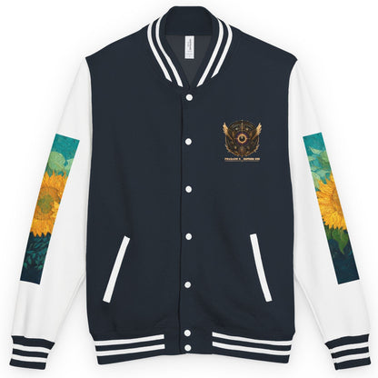 A varsity-style jacket with a navy blue body, white sleeves, and colorful sunflower and landscape sleeve prints. It features a gold and black crest on the left chest.