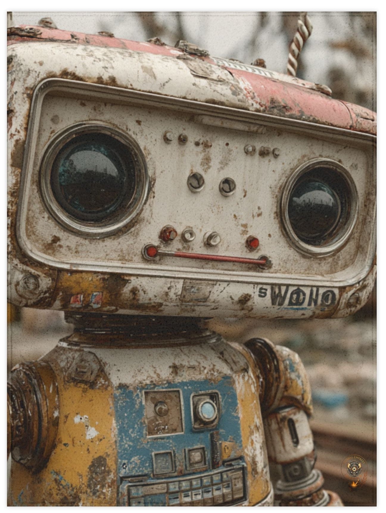 Close-up of a worn-out robot with detailed textures on a white background