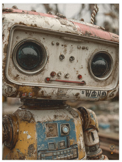 Close-up of a worn-out robot with detailed textures on a white background