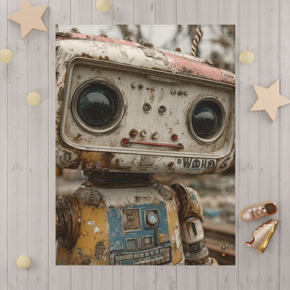 Rust-colored robot toy on a wooden surface with decorative stars around
