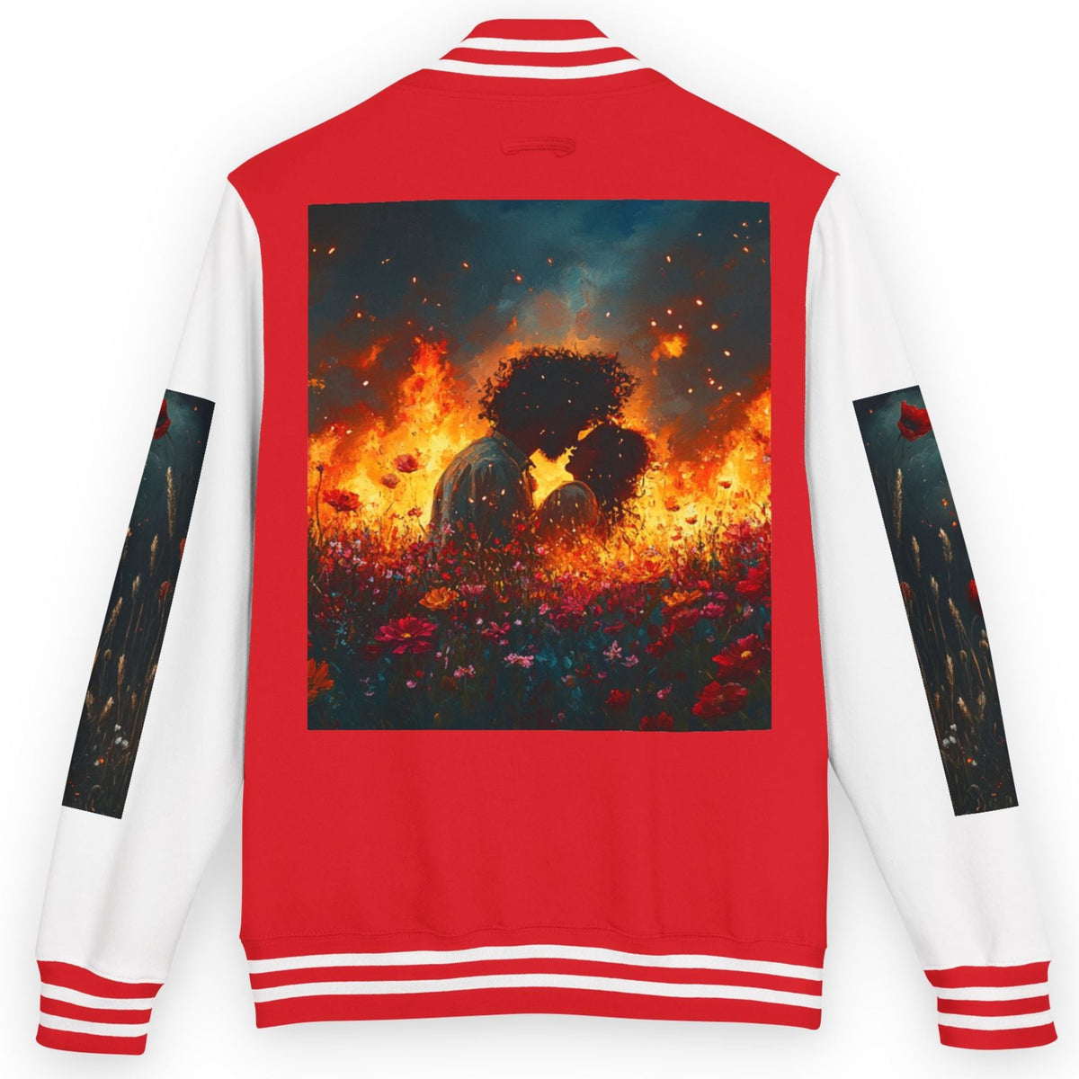 Red and white varsity jacket with a graphic of two people embracing in flames on the back.