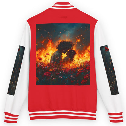 Red and white varsity jacket with a graphic of two people embracing in flames on the back.