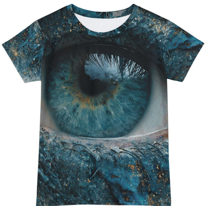 T-shirt with a blue eye design on a white background