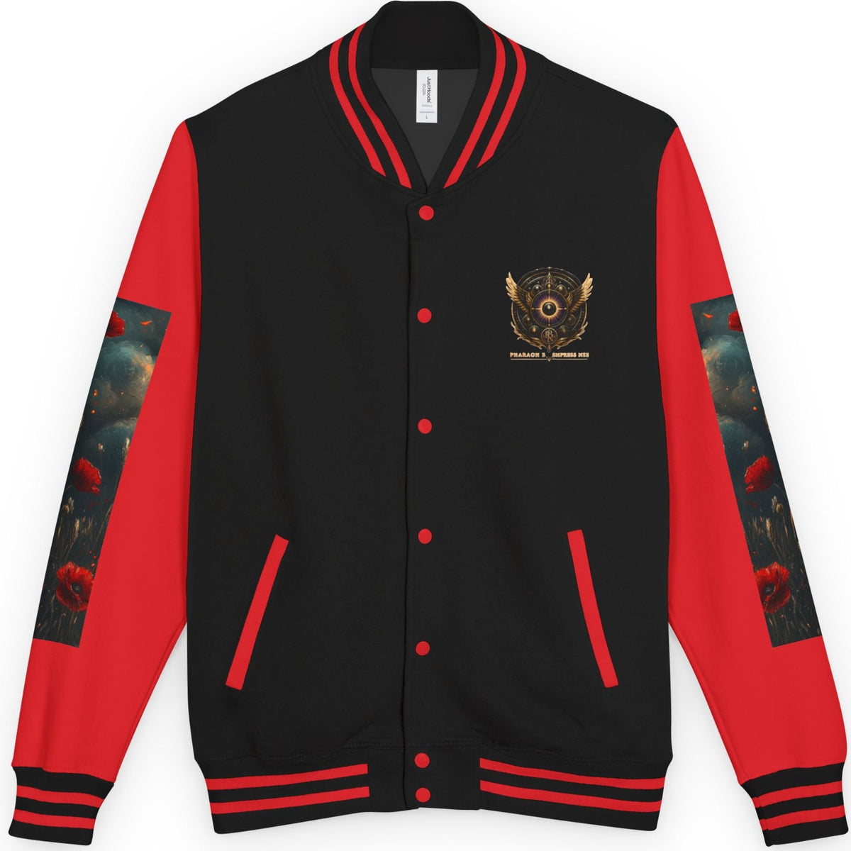 Black and red varsity jacket with a logo on a white background