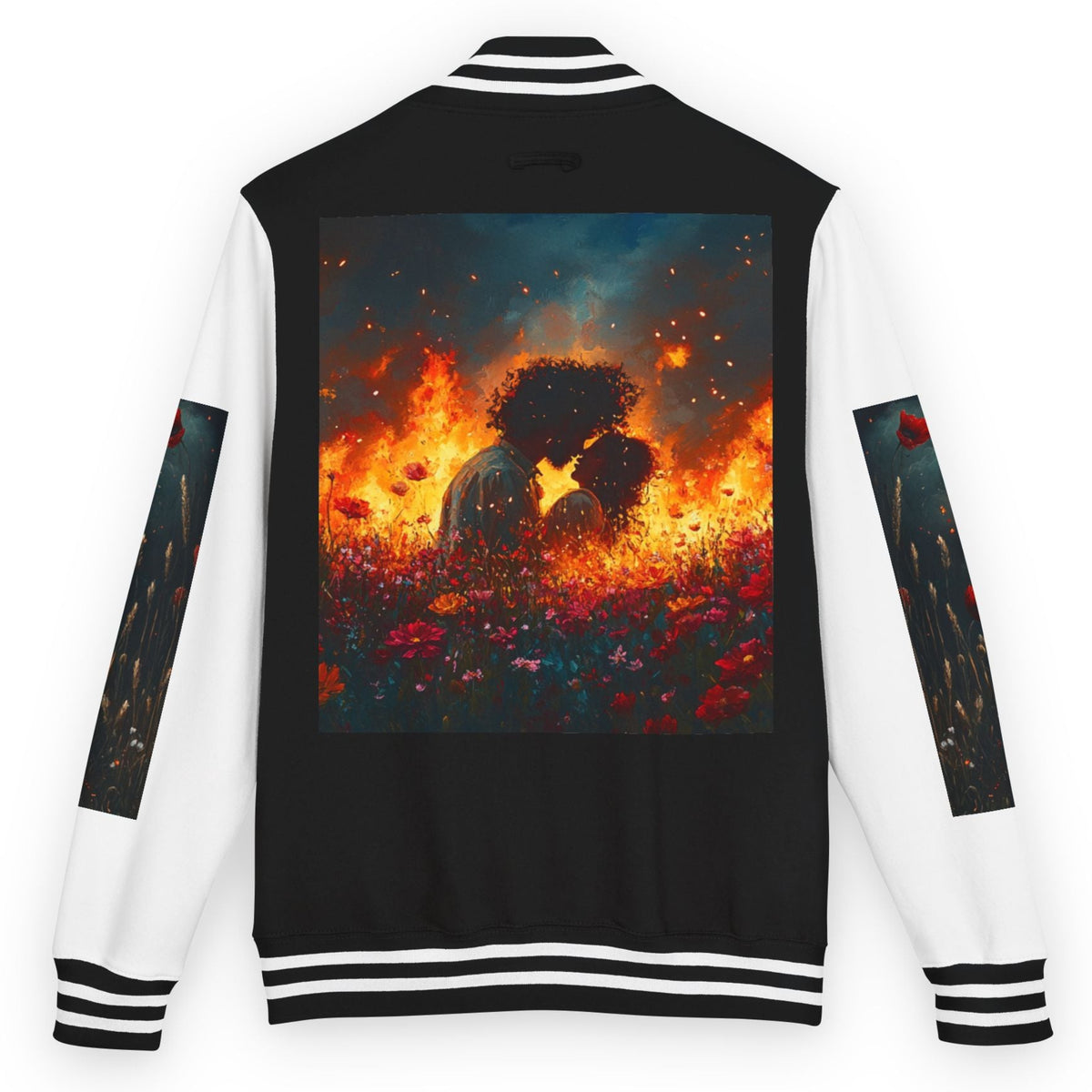 Varsity jacket with a graphic of two people embracing in flames on the back, on a white background.
