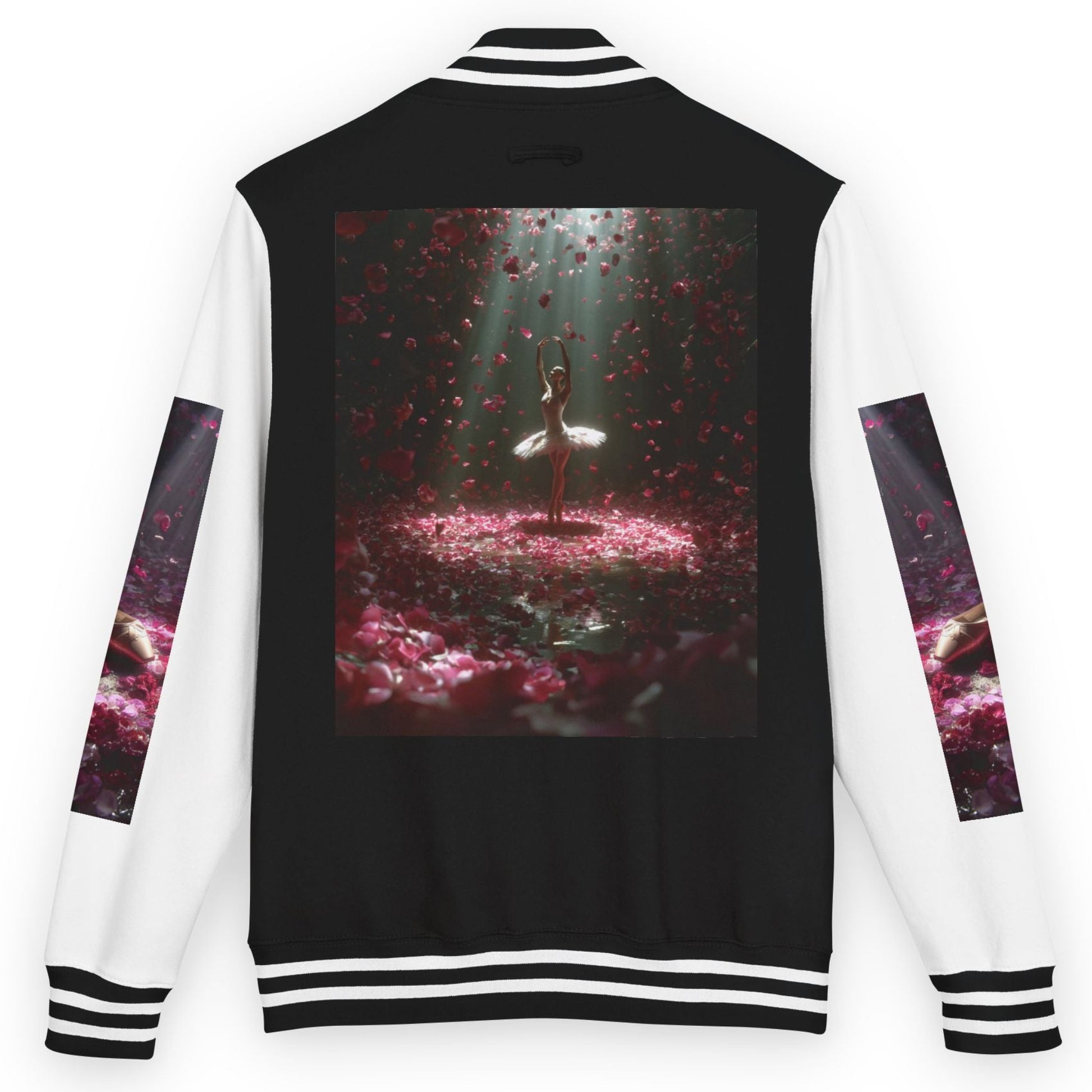 A black and white varsity-style jacket shown from the back, featuring a large graphic print of a ballerina surrounded by falling red petals on the back panel, with matching sleeve prints and black-and-white striped ribbed collar, cuffs, and hem.