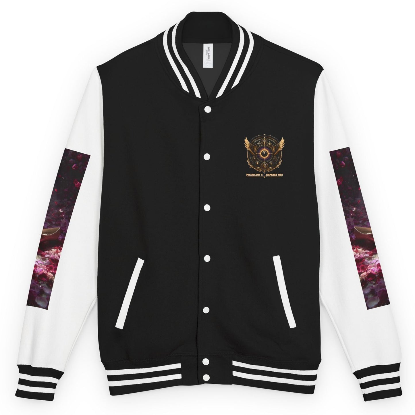 A varsity-style jacket with a black body and white sleeves, featuring a gold and black crest on the left chest, white stripes on the collar, cuffs, and hem, and galaxy-patterned sleeve panels.
