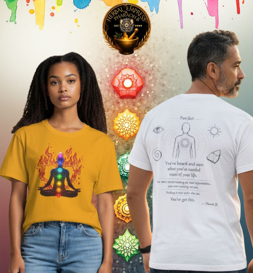 Two people wearing t-shirts with designs and text, colorful abstract background