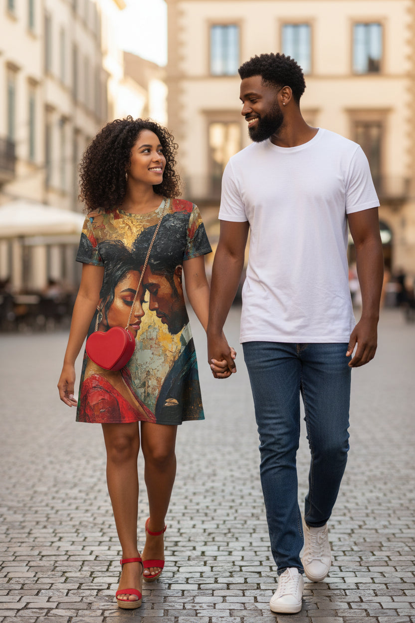 Couple walking hand-in-hand on a city street