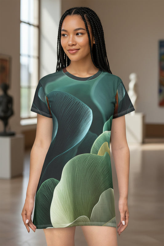 Emerald Flow – Abstract Botanical T-Shirt Dress