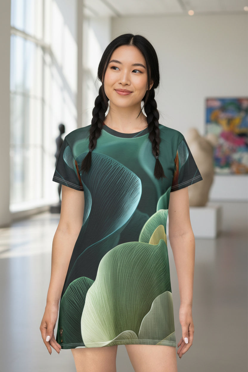 Emerald Flow – Abstract Botanical T-Shirt Dress