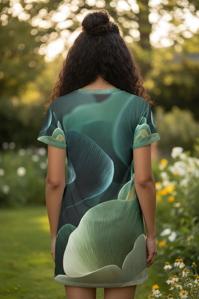 Emerald Flow – Abstract Botanical T-Shirt Dress