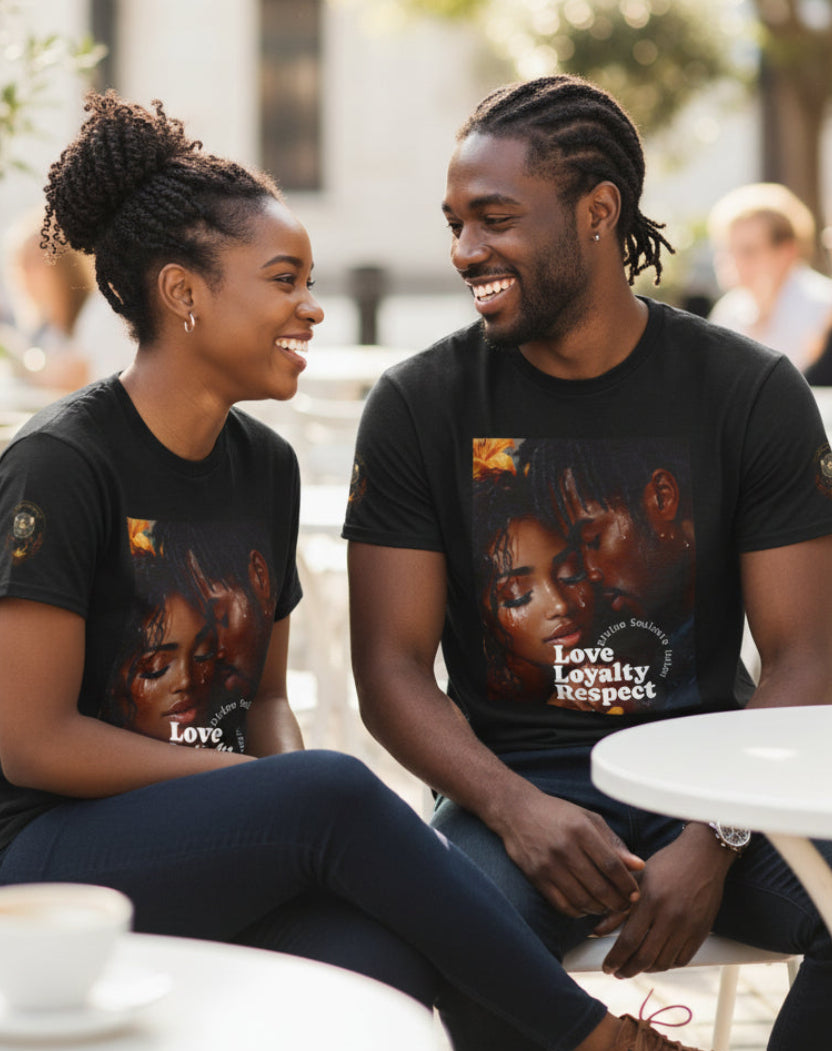 Two people sitting outdoors, wearing matching t-shirts with a graphic design.