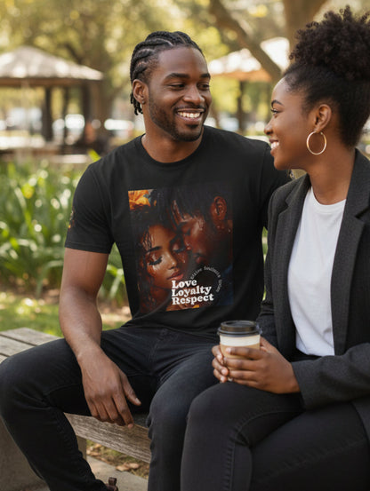 Two people sitting on a park bench, one wearing a t-shirt with a graphic design.