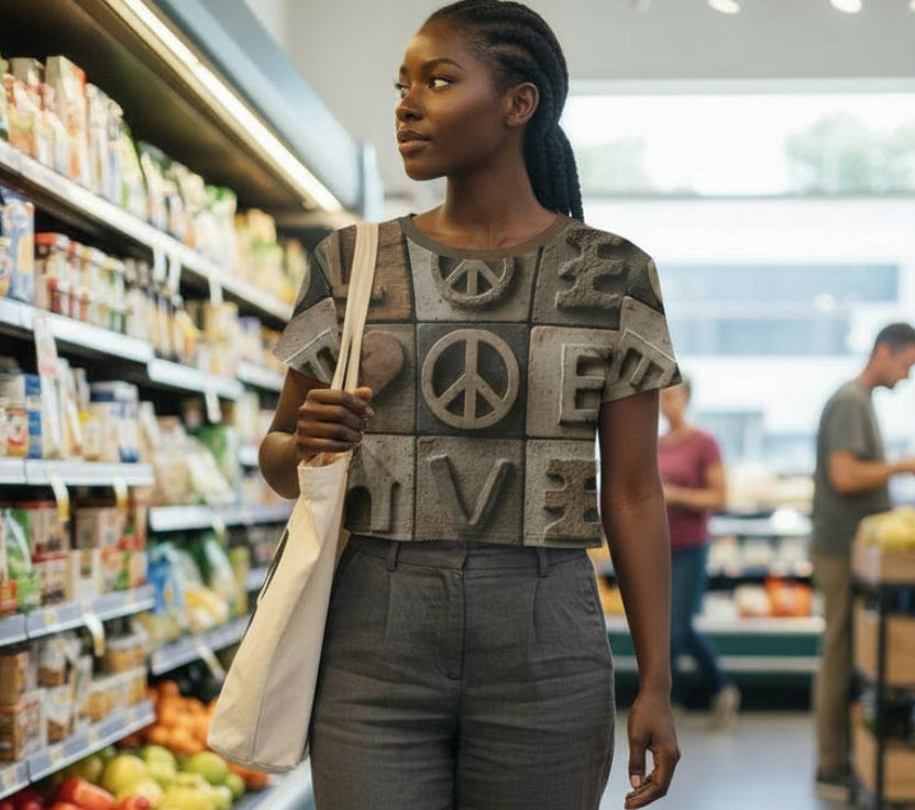 Woman walking through a grocery store aisle, wearing a shirt with peace signs.