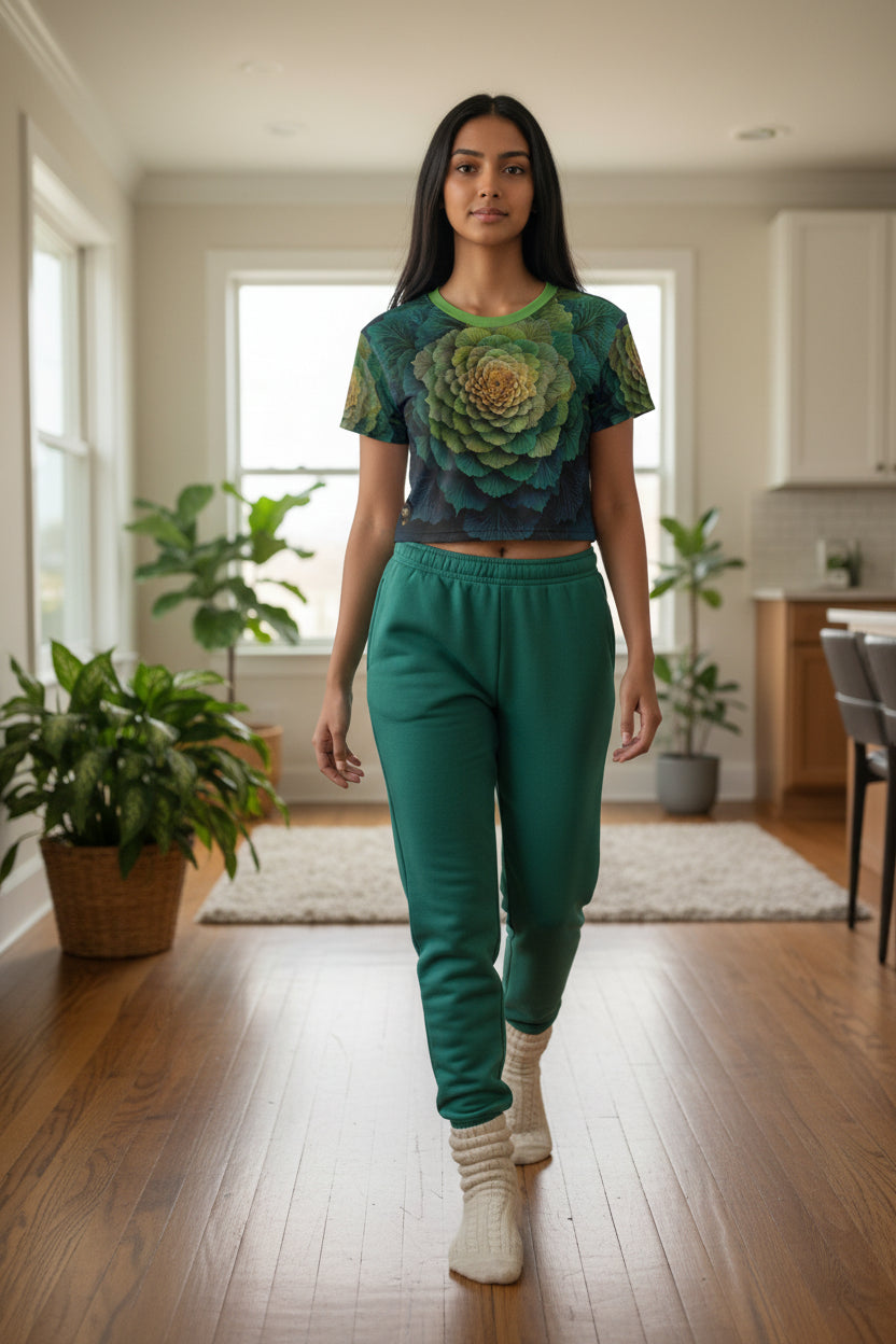 Woman wearing a green and blue patterned top and green pants in a home setting.