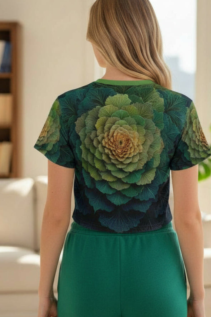 Woman wearing a green outfit with a floral pattern in a living room.