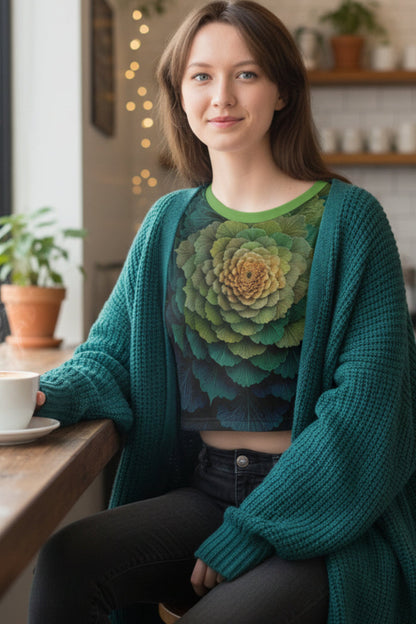 Woman wearing a green cardigan and patterned top sitting at a table in a cozy room.